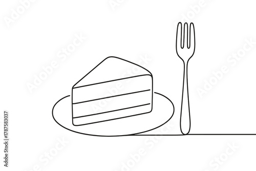 Minimalist Dessert Illustration. Sweet Indulgence. Minimalistic one-line drawing fork beside slice of