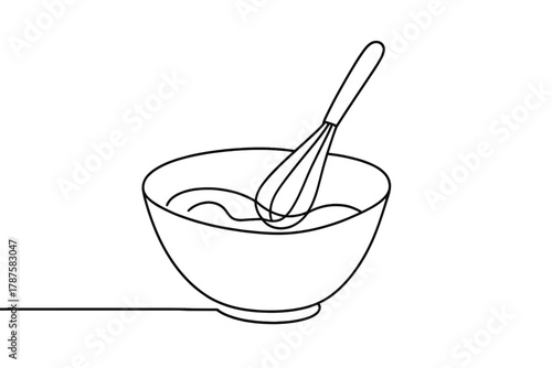 Minimalist Mixing Bowl. Mixing Bowl. Minimalistic one-line drawing whisk stirring chocolate in bowl,