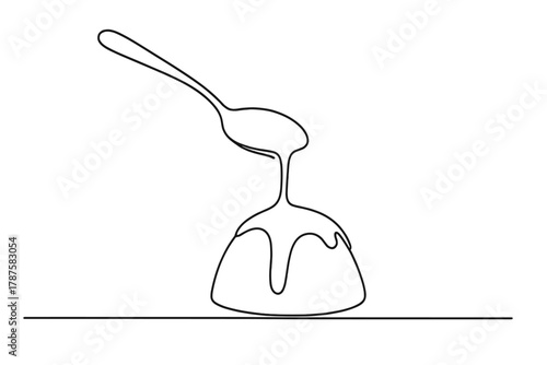 Chocolate Drizzle Art. Chocolate Drizzle. Minimalistic one-line drawing spoon pouring chocolate sauce over