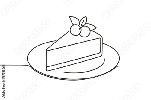 Minimalist Cheesecake Art. Cheesecake Delight. Minimalistic one-line drawing slice of cheesecake on plate with