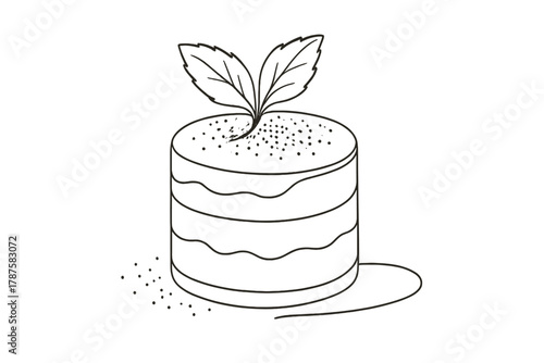 Minimalist Dessert Sketch. Decadent Treat. Minimalistic one-line drawing dessert topped with sprig of mint and