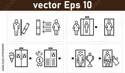 Elevator sign. Elevator, lift icon set. Vector graphic illustration. Suitable for website design, logo, app, template, and ui.person, signs, buttons, 