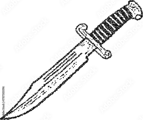 Stipple vector dagger with serrated handle, vintage combat knife illustration for tattoo, fantasy and adventure design