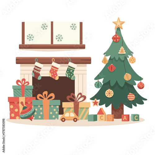 Christmas tree with presents and fireplace with stockings.