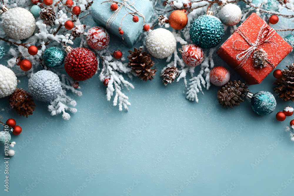 Naklejka premium Merry Christmas and Happy Holidays greeting card, frame, banner. New Year. Noel. Christmas ornaments and gift on blue background top view. Winter xmas holiday theme. Flat lay