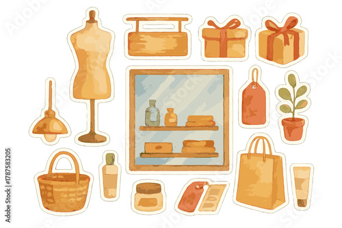 Watercolor Shop Vignettes. Shop Window. Realistic hand-painted watercolor style sticker sheet of shop window