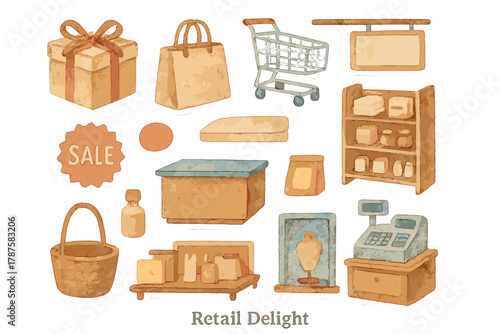 Retail Watercolor Stickers. Retail Delight. Realistic hand-painted watercolor style sticker sheet of retail