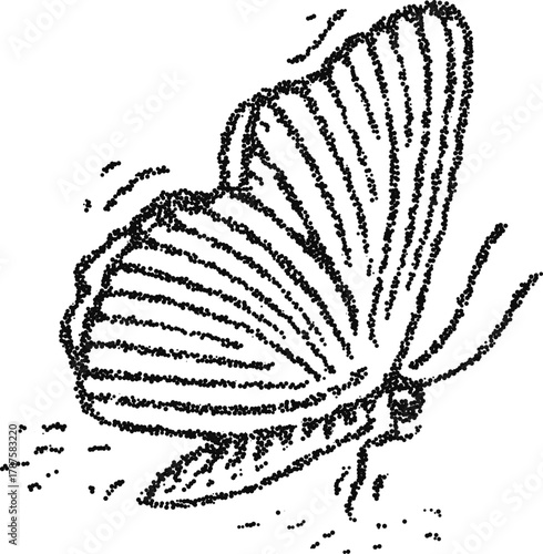 Stipple vector butterfly side view in flight, vintage insect illustration with dynamic wing motion for nature design