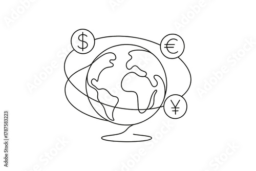 Currency-Orbiting Globe. Global Finance. Minimalistic one-line drawing globe with currency symbols orbiting