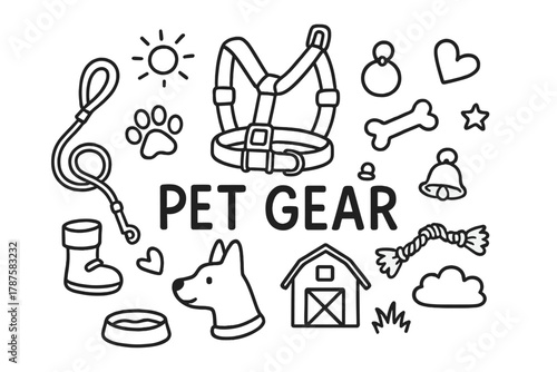Pet Gear Doodle. Pet Gear. Hand-drawn doodle illustration of Pet Gear. In the middle, one slightly larger