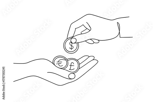 Currency Exchange Artwork. Money Conversion. Minimalistic one-line drawing two hands exchanging coins with