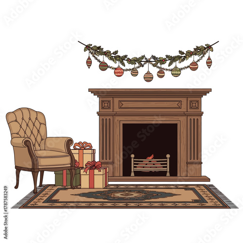 Cozy Christmas living room scene with a classic fireplace, comfortable armchair, festive garland, and wrapped gifts on an elegant rug.