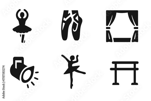 Ballet Icons Set. Ballet. Filled icon set of Ballet: ballerina, pointe shoes, tutu, stage, spotlight, dance