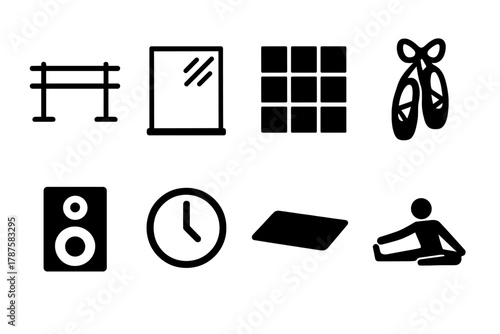 Dance Studio Icons. Dance Studio. Filled icon set of Dance Studio: barre, mirror, dance floor, ballet shoes,