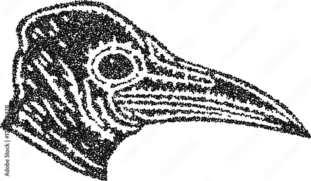 Obraz premium Stipple vector plague doctor mask head profile with long beak, vintage medieval medical costume illustration for gothic design