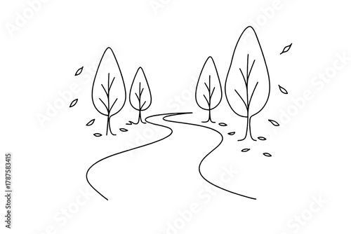 Autumn Road Outline. Autumn Road Trips and Scenic Drives. Minimalistic one-line drawing winding road lined