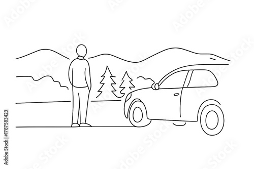 Minimalist Valley View. Scenic Overlook. Minimalistic one-line drawing person standing beside parked car
