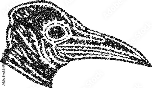 Stipple vector plague doctor mask head profile with long beak, vintage medieval medical costume illustration for gothic design