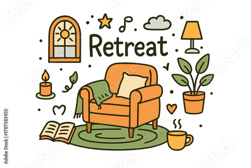 Cozy Retreat Essentials. Quiet retreat. Hand-drawn doodle illustration of a quiet retreat. Armchair, blanket,