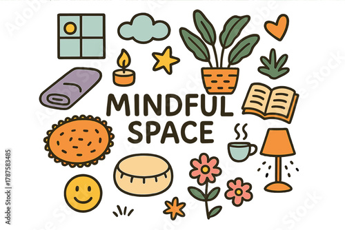 Mindful Doodle Illustration. Mindful space. Hand-drawn doodle illustration of a mindful space. Yoga mat,
