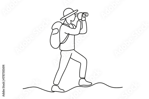 Minimalist Wilderness Hiker. Wilderness Adventure. Minimalistic one-line drawing hiker pausing on trail with