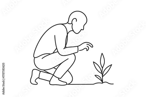 Minimalist Wilderness Observer. Wilderness Observation. Minimalistic one-line drawing figure kneeling to