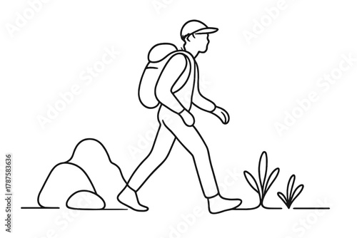 One-Line Wanderer. Exploration Spirit. Minimalistic one-line drawing person walking past rocks and shrubs