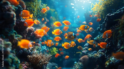 Fototapeta Naklejka Na Ścianę i Meble -  Colorful orange fish swim through a vibrant coral reef in a bright underwater scene during daylight hours