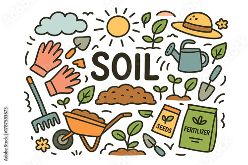 Soil Preparation Doodle. Soil preparation. Hand-drawn doodle illustration of soil preparation. Soil, spade,