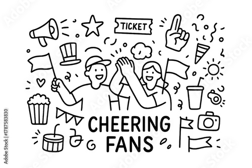 Doodle Cheering Fans. Cheering Fans. Hand-drawn doodle illustration of Cheering Fans. In the middle, one