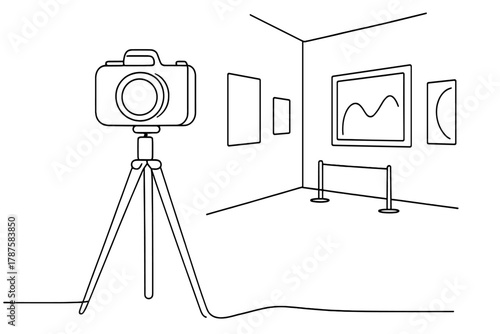 Minimalist Camera Illustration. Artistic Photography. Minimalistic one-line drawing tripod-mounted camera