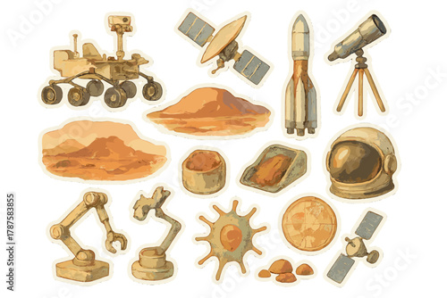 Mars Exploration Stickers. Extraterrestrial Research. Realistic hand-painted watercolor style sticker sheet of
