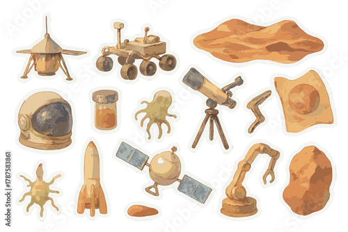 Martian Exploration Stickers. Martian Discovery. Realistic hand-painted watercolor style sticker sheet of