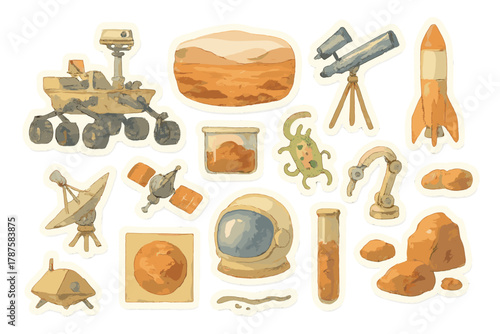 Mars Exploration Stickers. Mars Rover Mission. Realistic hand-painted watercolor style sticker sheet of Mars