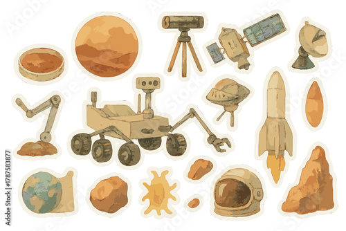 Watercolor Mars Exploration Stickers. Search for Life. Realistic hand-painted watercolor style sticker sheet