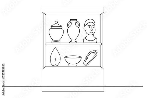 Minimalist Artifact Display. Historical Artifacts. Minimalistic one-line drawing display case with ancient