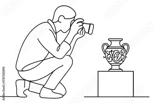 Minimalist Photography Sketch. Exhibit Photography. Minimalistic one-line drawing person crouched