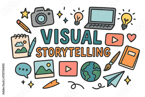 Visual Storytelling Doodle. Visual storytelling. Hand-drawn doodle illustration of visual storytelling. Camera
