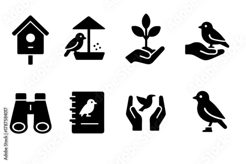 Bird Conservation Icons. Bird Conservation. Filled icon set of Bird Conservation: birdhouse, feeding station,