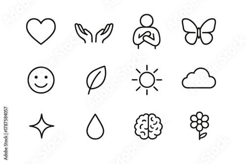 Kindness Icon Set. Kindness and compassion. Line outline icon set of kindness and compassion: heart, hands,