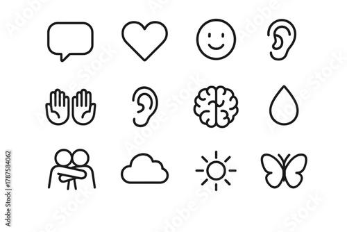 Empathy Icons Grid. Empathetic communication. Line outline icon set of empathetic communication: speech bubble