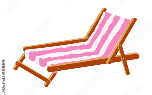 Beach chair with pink and white striped fabric on wooden frame. Wooden deck chair, chaise longue or beach recliner, isolated on a white background. Editable vector illustration.