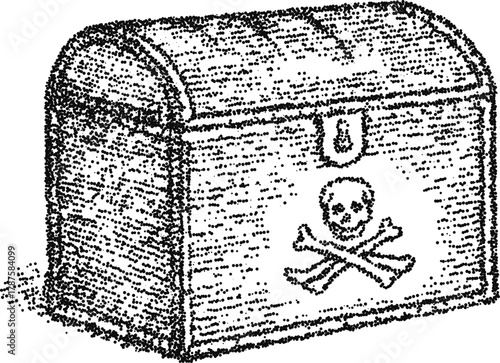 Stipple vector pirate treasure chest with skull and crossbones emblem, vintage loot illustration for adventure and fantasy design