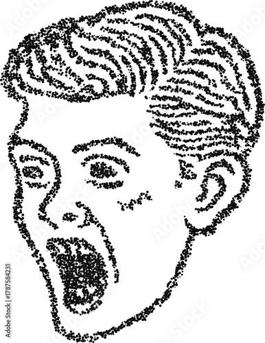 Stipple vector shouting boy head portrait, retro scream expression with open mouth and dramatic hair detail