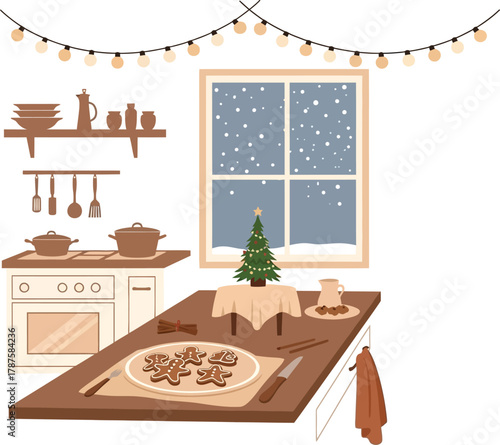 Festive baking of Christmas gingerbread cookies in a cozy kitchen as snow falls outside the window.