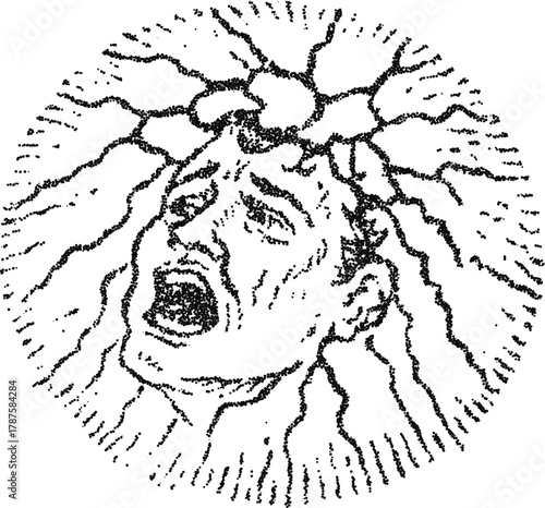 Stipple vector mind blown head, screaming face with brain burst and shock rays, anxiety and stress concept illustration