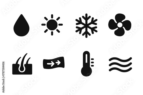 Thermoregulation Icons Set. Thermoregulation. Filled icon set of Thermoregulation: sweat droplet, sun,