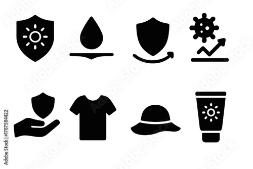 Skin Protection Icons. Skin Protection. Filled icon set of Skin Protection: sun shield, water droplet, barrier