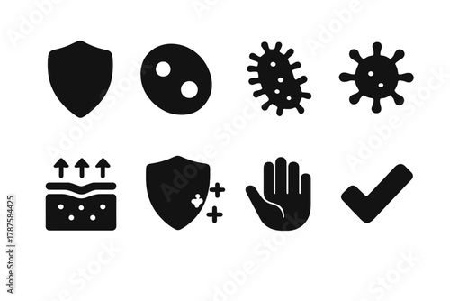Immune Defense Icons. Immune Defense. Filled icon set of Immune Defense: shield, white blood cell, bacteria,