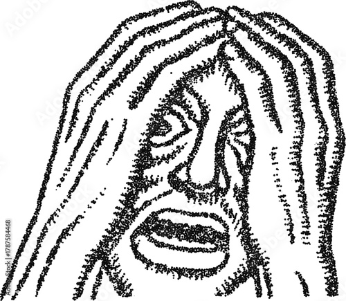 Stipple vector stressed man with hands on head, panic fear and anxiety emotion portrait for mental health concept